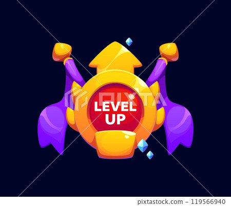 Level up game reward, rate icon. Cartoon vector gui interface emblem with golden arrow, purple flags and small blue crystals around it, symbolizing a powerful achievement or progress in video game 119566940