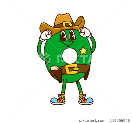 Cartoon groovy cowboy, sheriff math number zero character. Isolated vector 0 personage adorned in ten-gallon hat, with a gun on belt, ready to solve equations in the wild west of arithmetic adventures Cartoon groovy cowboy, sheriff math number zero character. Isolated vector 0 personage adorned in ten-gallon hat, with a gun on belt, ready to solve equations in the wild west of arithmetic adventures 119566946