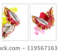 Pitaya slices, bright pink watercolor stain. Hand drawn watercolor illustration of ripe exotic dragon fruit for background, card, design 119567163