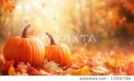 Autumn background with fallen maple leaves and pumpkins Autumn background with fallen maple leaves and pumpkins 119567166