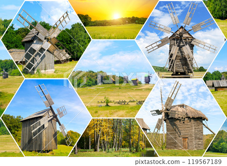 Old wooden windmills in field and sun on sky. Pyrohiv (Pirogovo) village near Kiev, Ukraine. Collage. Old wooden windmills in field and sun on sky. Pyrohiv (Pirogovo) village near Kiev, Ukraine. Collage. 119567189