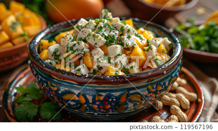 Mexican Pottery Plate with Queso Fresco, Jicama, Mango, Spicy Peanuts, Tortilla Chips, and Cilantro 119567196