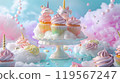 Elegant Dessert Display with Assorted Pastel Unicorn Cupcakes 119567247
