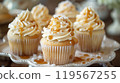 Salted Caramel Cupcakes with Buttercream, Sea Salt Flakes, and Caramel Drizzle on a Vintage Platter 119567255