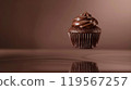Chocolate Cupcake Levitating Above a Reflective Surface, Highlighting Rich Textures and Hues 119567257