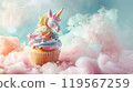 Pastel Unicorn Cupcake Floating Above a Soft, Cloud-Like Background, Highlighting Its Whimsical Decorations 119567259