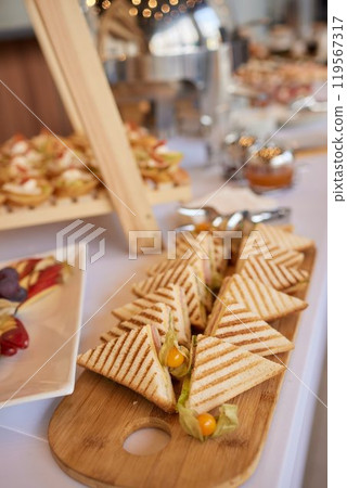 light snacks for the holiday, catering. Various light snacks. Catering plate. Assortment of sandwiches on the buffet table. meat, fish, vegetable canapes. light snacks for the holiday, catering. Various light snacks. Catering plate. Assortment of sandwiches on the buffet table. meat, fish, vegetable canapes. 119567317