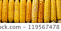 Fresh ripe corn cobs seamless texture background. 119567478
