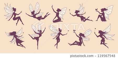 Fairy silhouettes. Fantasy female flying beauty characters with wings recent vector fairy persons in action poses Fairy silhouettes. Fantasy female flying beauty characters with wings recent vector fairy persons in action poses 119567548