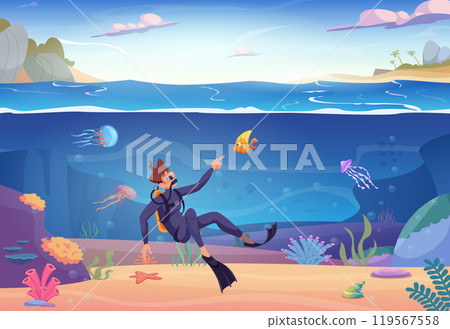 Underwater. Ocean diving extreme sport man swimming underwater in swimsuit and flippers exact vector background Underwater. Ocean diving extreme sport man swimming underwater in swimsuit and flippers exact vector background 119567558