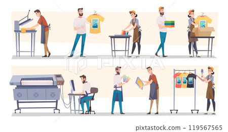 Print house. Silk screen typography processes with professional tools squeegee and mesh stencil frame exact vector cartoon template set Print house. Silk screen typography processes with professional tools squeegee and mesh stencil frame exact vector cartoon template set 119567565