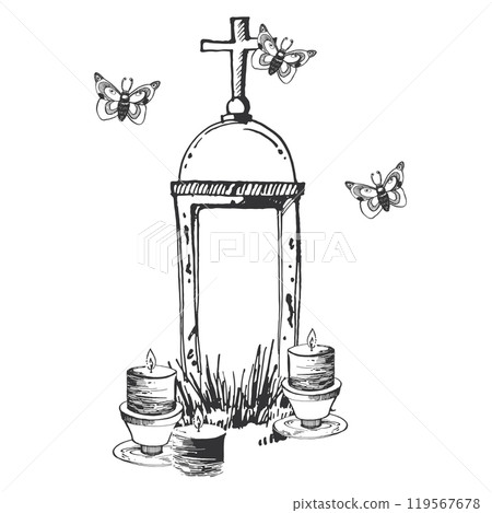 Cemetery, tombstone with a cross and burning candles below, moths flying around the cross. Halloween. All objects are hand-drawn with ink and transferred to vector. For cards, Halloween invitations. Cemetery, tombstone with a cross and burning candles below, moths flying around the cross. Halloween. All objects are hand-drawn with ink and transferred to vector. For cards, Halloween invitations. 119567678