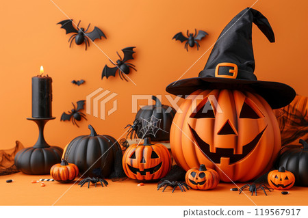 A festive Halloween scene showcases pumpkins, a large jack-o'-lantern with a witch hat, black bats, and a flickering candle against a bright orange backdrop, setting a spooky vibe. 119567917
