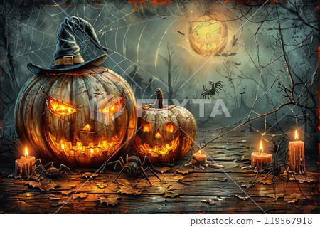 Two carved pumpkins glow with eerie expressions among fallen leaves and candles. A web-filled forest surrounds them, creating a chilling Halloween atmosphere under a full moon. Two carved pumpkins glow with eerie expressions among fallen leaves and candles. A web-filled forest surrounds them, creating a chilling Halloween atmosphere under a full moon. 119567918
