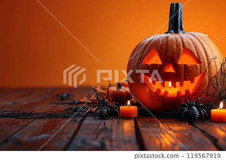 A carved pumpkin glows warmly in an orange-lit space, surrounded by candles and fake spiders. The rustic wooden table adds to the festive Halloween atmosphere. Copy space 119567919