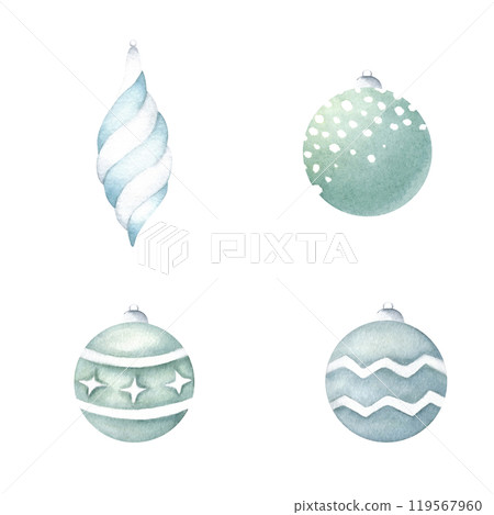 Christmas glass tree balls in green and blue colors with variety of white. Hand drawn watercolor illustration. Set of isolated elements for winter holiday season, New year greeting card and designs. Christmas glass tree balls in green and blue colors with variety of white. Hand drawn watercolor illustration. Set of isolated elements for winter holiday season, New year greeting card and designs. 119567960
