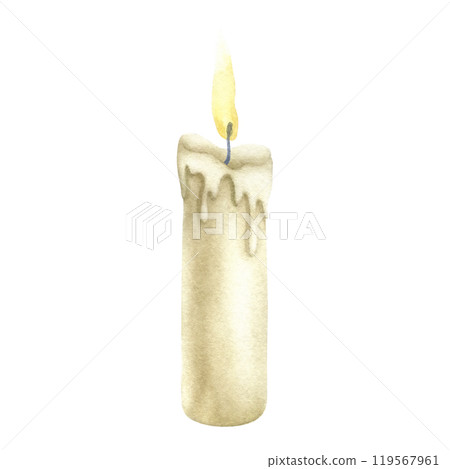 Candle with burning flame with melted paraffin drips. Hand drawn watercolor illustration isolated from background for decoration, design of souvenirs, paper, stickers, postcards, invitations, posters. 119567961