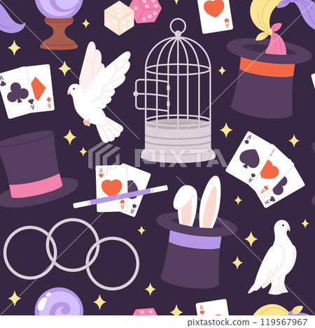 Magician seamless pattern. Magic illusionist show elements, doves cage cubes playing cards bunny in cylinder. Cartoon circus racy vector background Magician seamless pattern. Magic illusionist show elements, doves cage cubes playing cards bunny in cylinder. Cartoon circus racy vector background 119567967