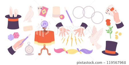 Magician elements. Illusionist show accessories, cylinder pigeons rose playing cards. Magic tricks in circus, hands of magicians racy vector clipart 119567968