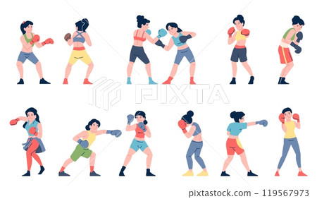 Female boxers. Women fighting in boxing gloves, punching in sparring and personal training. Wrestling girl athletes, strong woman recent vector characters Female boxers. Women fighting in boxing gloves, punching in sparring and personal training. Wrestling girl athletes, strong woman recent vector characters 119567973