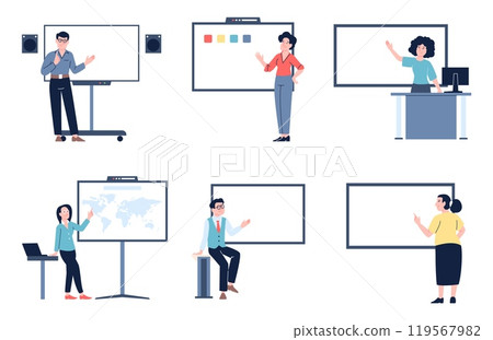 Speakers stand at white empty boards. Teacher lector business coach points on board. Flat office training, lecture in college or university school lesson, vector set 119567982