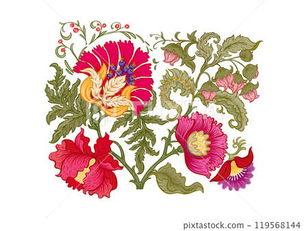 Fantasy flowers in retro, vintage, jacobean embroidery style. Fantasy flowers in retro, vintage, jacobean embroidery style. 119568144