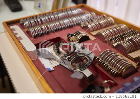 Optometrists Trial Lens Set and Frame are crucial tools for eye examination in optometry 119568191