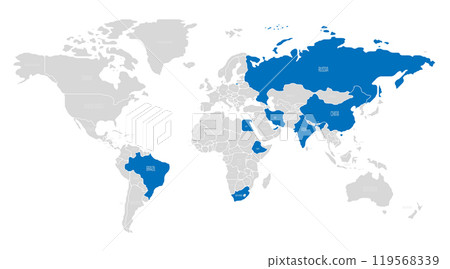 Political vector map of the BRICS intergovernmental organization member countries - Brazil, Russia, India, China, South Africa, Iran, Egypt, Ethiopia, and the United Arab Emirates Political vector map of the BRICS intergovernmental organization member countries - Brazil, Russia, India, China, South Africa, Iran, Egypt, Ethiopia, and the United Arab Emirates 119568339