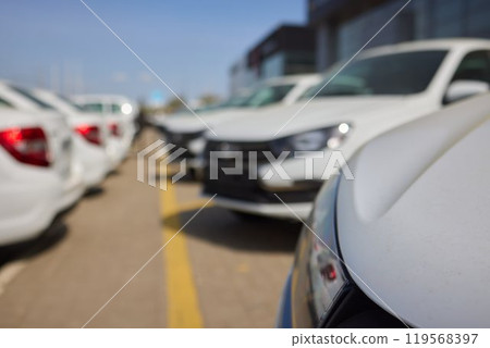 Car Sales and Loan Industry Concept. Row of Brand New Vehicles in Stock. 119568397