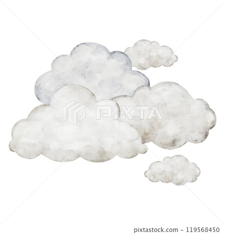 Pastel beige cartoon clouds isolated on background. Hand drawn watercolor illustration or girl or boy Nursery wall art or childish educational, greeting cards, invitation 119568450