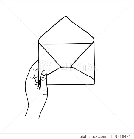 Vector hand holding blank open envelope for letter line art black and white ink sketch. Monochrome template message concept illustration for your text. For web sites, apps, stores, message delivery. 119568485