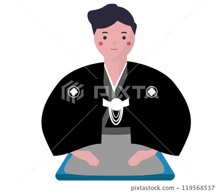 A man wearing a haori and hakama. A person wearing a kimono and sitting in seiza. Vector illustration A man wearing a haori and hakama. A person wearing a kimono and sitting in seiza. Vector illustration 119568537