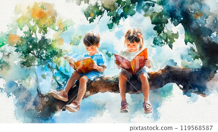 Children Sitting on Tree Branch Reading Books Watercolor Background Illustration Featuring Whimsical Scene Lush Foliage Nature Setting Joyful Learning and Imagination Children Sitting on Tree Branch Reading Books Watercolor Background Illustration Featuring Whimsical Scene Lush Foliage Nature Setting Joyful Learning and Imagination 119568587