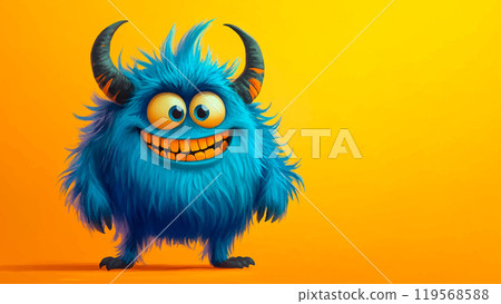 Cheerful Monster with Lush Blue Fur Standing on Yellow Background Cartoon Illustration Featuring Playful Design Vibrant Colors and Joyful Expression 119568588