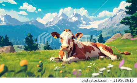 Beautiful Cow Lying Alpine Meadow Cartoon Background Illustration Featuring Lush Green Grass Scenic Mountain Landscape Peaceful Farm Life and Charming Nature 119568616