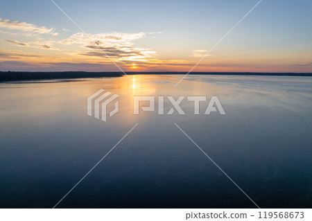 Aerial drone view over sunrise White Lake. Rivne region, Ukraine. 119568673