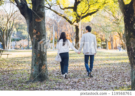 A couple walking in the park enjoying the autumn leaves 119568761
