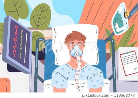Man in hospital bed. Patient in anesthesia or unconscious coma on operating table, hospitalized pacient with oxygen ventilator mask blood transfuse, classy vector illustration 119568777