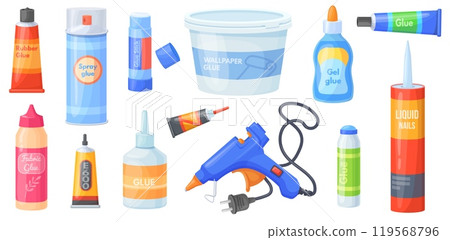 Glue containers. Super glues products in plastic bottle tubes pack, school adhesive stick glueing repair fix tools coller adhesives bottles sealant set, neat vector illustration Glue containers. Super glues products in plastic bottle tubes pack, school adhesive stick glueing repair fix tools coller adhesives bottles sealant set, neat vector illustration 119568796