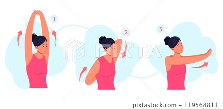 Woman stretching hands. Female person stretch posture exercise for pulling arm back neck shoulder elbow, pain treatment girl physical exercise in home or office vector illustration 119568811