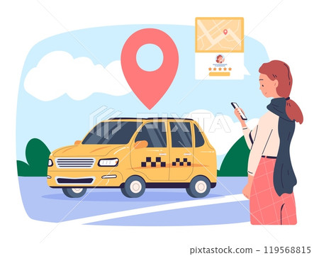 Cabs rent service. Taxi transportation sharing mobile app costomer, woman passenger with smartphone waiting searching renting car, internet review driver rating vector illustration 119568815