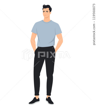 Vector illustration of a man in a gray and blue t-shirt and black pants. A comfortable and casual look for every day. 119568873