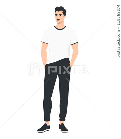 Vector illustration on a white background. A man in a white t-shirt and black pants. Minimalist style. 119568874