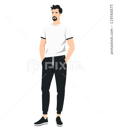 Vector illustration on a white background. A man in a white t-shirt and black pants. Minimalist style. 119568875