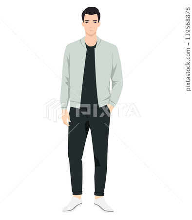 Vector illustration of a man in a light gray jacket. Simple yet stylish combination suitable for a casual urban look. 119568878