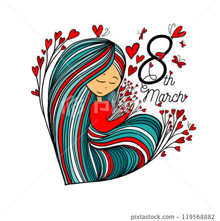 Happy March 8th. Girl with hearts. hand drawn. Not AI, Vector illustration 119568882