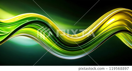 Colorful and flowing green and yellow waves create an abstract design, evoking motion and fluidity against a dark background 119568897