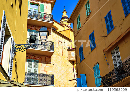 Colorful streets of the historic center of the city of Menton on the French Riviera, Cote d'Azur, France Colorful streets of the historic center of the city of Menton on the French Riviera, Cote d'Azur, France 119568909