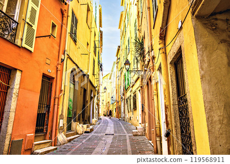 Colorful streets of the historic center of the city of Menton on the French Riviera, Cote d'Azur, France 119568911