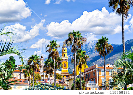 Bell tower of the Basilica of Saint Michael the Archangel in the historic center of the city of Menton on the French Riviera, Cote d'Azur, France 119569121